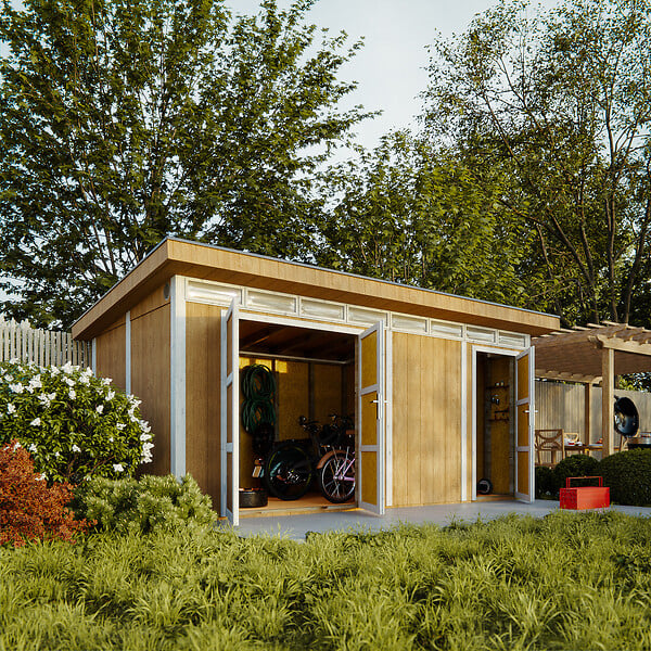 TIMBELA - Abri de Jardin Qualité Premium 8.52+2.95 m² - Kit tout compris avec sol, tuiles bitumineuses, set de peinture-Construction de Panneaux LP Smartside- Cabane de Jardin Timbela M905C REDWOOD RED - large