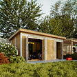TIMBELA - Abri de Jardin Qualité Premium 8.52+2.95 m² - Kit tout compris avec sol, tuiles bitumineuses, set de peinture-Construction de Panneaux LP Smartside- Cabane de Jardin Timbela M905C REDWOOD RED - vignette