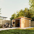 TIMBELA - Abri de Jardin Qualité Premium 8.52+2.95 m² - Kit tout compris avec sol, tuiles bitumineuses, set de peinture-Construction de Panneaux LP Smartside- Cabane de Jardin Timbela M905C REDWOOD RED - vignette