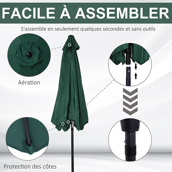 OUTSUNNY - Parasol inclinable de jardin balcon terrasse manivelle toile polyester imperméabilisée haute densité 180 g/m² Ø2,6 x 2,35H m alu vert - large