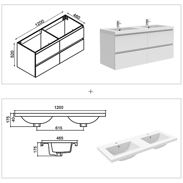 AICA SANITAIRE - Ensemble meuble de salle de bains 120cm, double vasque + colonne + miroir rectangulaire,blanc - large