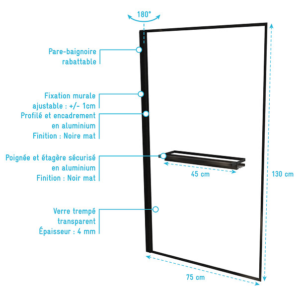 AURLANE - Pare baignoire Rabattable 75x130 cm en Verre Trempé - Porte-Serviette et Etagère Noir Mat - large