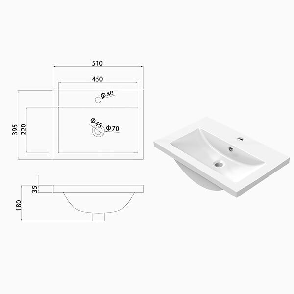 AICA SANITAIRE - AICA Lavabo blanc 51x39.5x18 cm, Lavabo rectangulaire en marbre artificiel - large