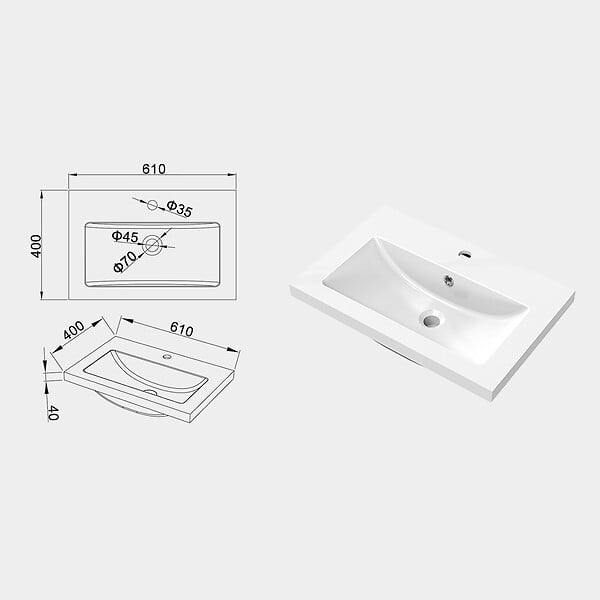 AICA SANITAIRE - AICA Lavabo blanc 61x40x16 cm, Lavabo rectangulaire en marbre artificiel - large
