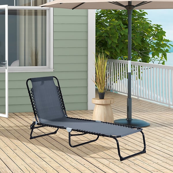 OUTSUNNY - Bain de soleil transat pliable dossier inclinable multi-positions acier thermoplastique lacets élastiques noir textilène gris - large