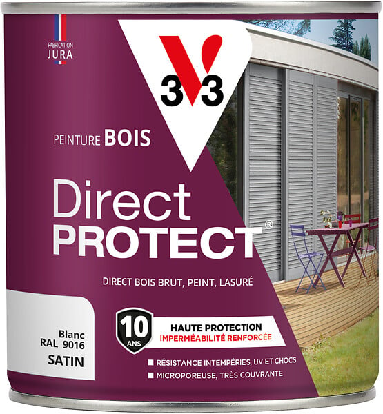 V33 PEINTURE - Peinture bois extérieur Direct Protect blanc satin 0,5L - large
