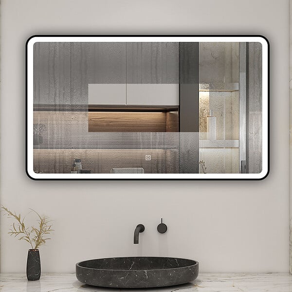 AICA SANITAIRE - AICA miroir de salle de bain LED 100x60cm avec cadre noir, tricolore + anti-buée + mémoire + gradation infinie - large