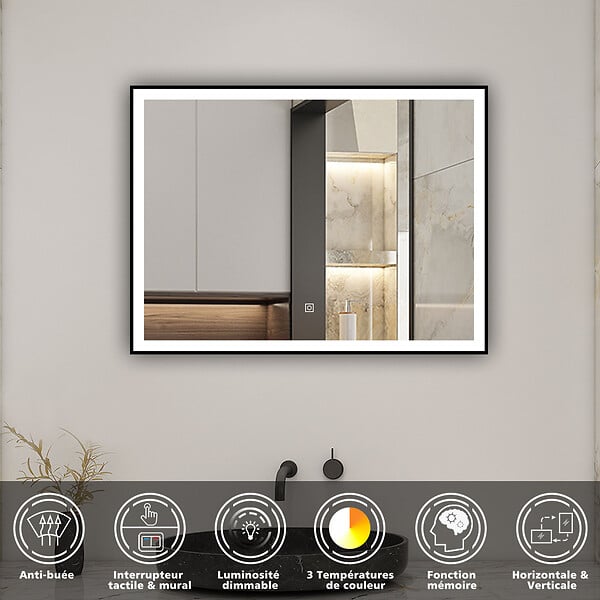 AICA SANITAIRE - AICA Miroir de salle de bain LED 70x50cm avec cadre noir à angle droit, 3 couleurs + anti-buée + mémoire + gradation infinie - large