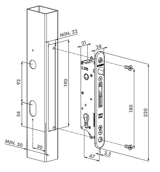LOCINOX - Serrure à  encastrer FIFTYLOCK tout en inox 30mm pour profil 50mm - LOCINOX - P00007974 - large