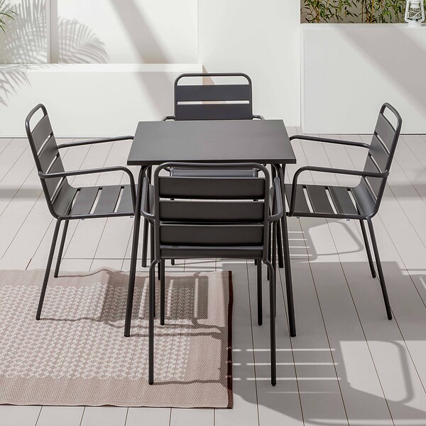 OVIALA - Ensemble table de jardin carrée et 4 fauteuils acier gris - Palavas - large