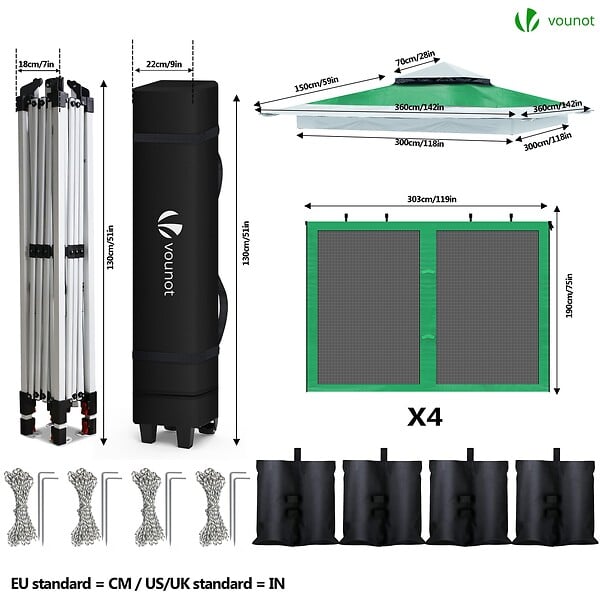 VOUNOT - Tonnelle de jardin exterieure pliable avec moustiquaire 3.6x3.6m vert - large