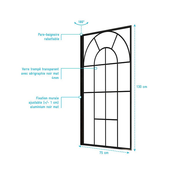 AURLANE - Pare Baignoire Déco 75x130 cm - Verre Trempé 4 mm Sérigraphie Verrière - Profilé Noir Mat - large