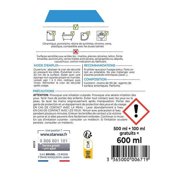 STARWAX - Spray nettoyant anticalcaire pour cabine de douche - 600ml - large