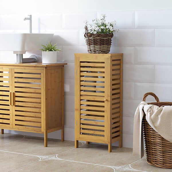 KLEANKIN - Meuble bas de salle de bain une porte - étagère réglable - bois de bambou verni - large