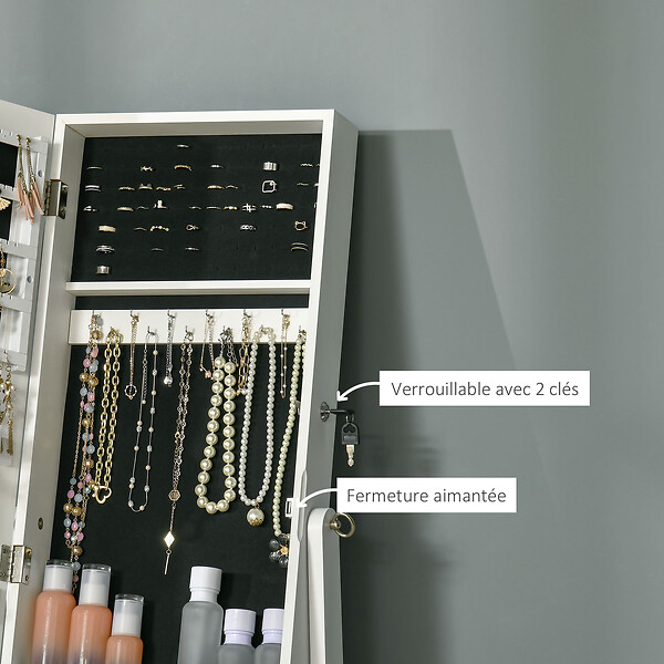 HOMCOM - Armoire à bijoux avec miroir à pied multi-rangement inclinaison réglable serrure dim. 46L x 36,5l x 151,5H cm MDF blanc - large