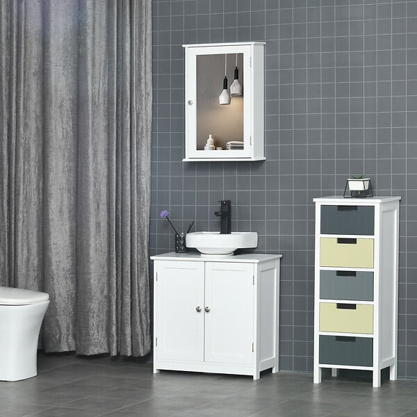KLEANKIN - Armoire murale de salle de bain avec miroir - armoire à glace - placard de rangement toilettes - 1 porte, 2 étagères - verre MDF blanc - large
