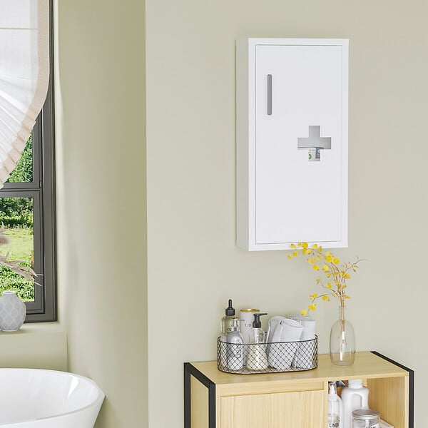 KLEANKIN - Armoire à pharmacie 2 étagères 3 niveaux dim. 30L x 12l x 60H cm logo croix transparent acier blanc - large