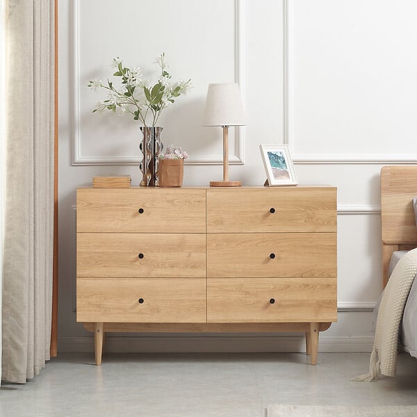 HOMCOM - Commode vintage 6 tiroirs coulissants piètement bois de pin panneaux aspect bois de teck - large
