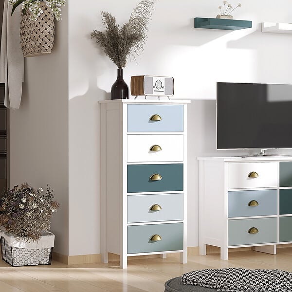 HOMCOM - Meuble de rangement chiffonnier style néo-rétro 5 tiroirs poignées coquilles MDF blanc bleu gris - large