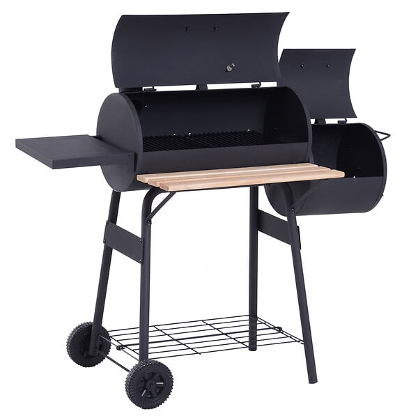 OUTSUNNY - Barbecue à charbon fumoir BBQ grill smoker sur pied avec couvercle, roulettes, thermomètre, étagères  acier laminé à froid noir - large