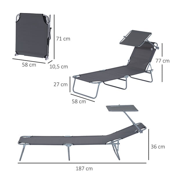OUTSUNNY - Transat bain de soleil pliable grand confort dossier et pare-soleil réglable multi-positions gris - large