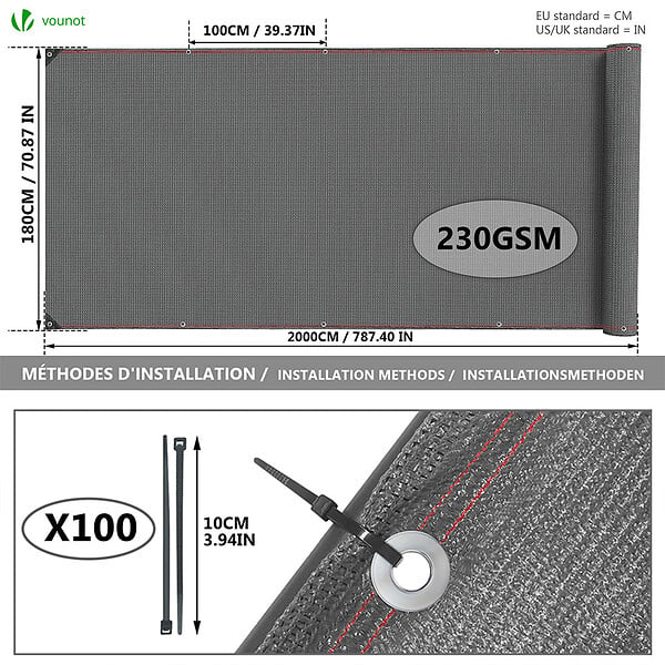 VOUNOT - Brise vue occultant en HDPE 230g/m² 1.8x20m avec attaches de fixation gris - large