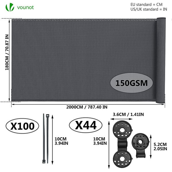 VOUNOT - Brise vue occultant en HDPE 150g/m² 1.8x20m avec attaches de fixation anthracite - large