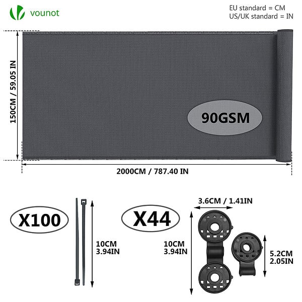 VOUNOT - Brise vue occultant en HDPE 90g/m² 1.5x20m avec attaches de fixation anthracite - large