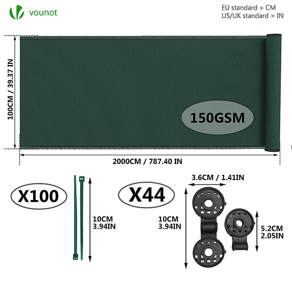 VOUNOT - Brise vue occultant en HDPE 150g/m² 1x20m avec attaches de fixation vert - large