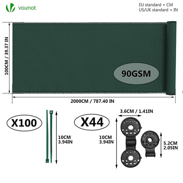 VOUNOT - Brise vue occultant en HDPE 90g/m² 1x20m avec attaches de fixation vert - large