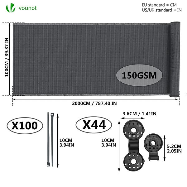 VOUNOT - Brise vue occultant en HDPE 150g/m² 1x20m avec attaches de fixation anthracite - large