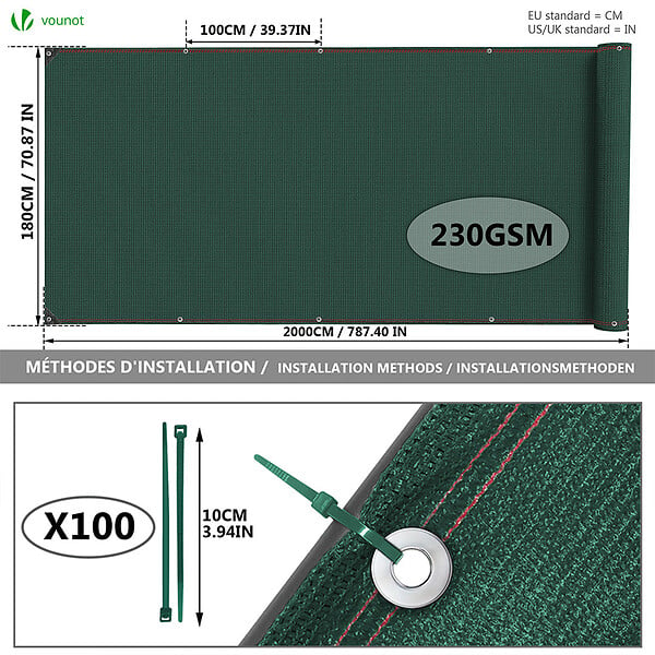 VOUNOT - Brise vue occultant en HDPE 230g/m² 1.8x20m avec attaches de fixation vert - large