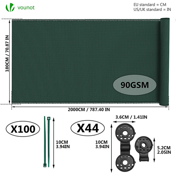 VOUNOT - Brise vue occultant en HDPE 90g/m² 1.8x20m avec attaches de fixation vert - large