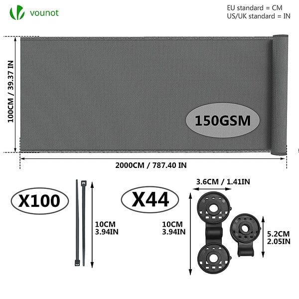 VOUNOT - Brise vue occultant en HDPE 150g/m² 1x20m avec attaches de fixation gris - large