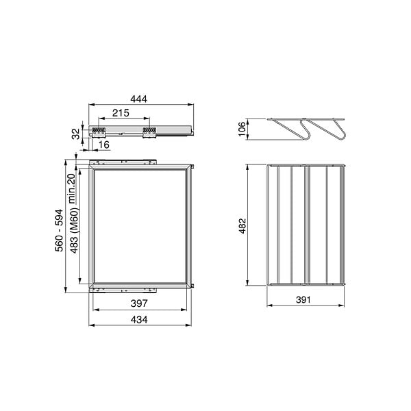 EMUCA - Kit de rangement de chaussures en métal et cadre coulissant à fermeture douce pour armoire, réglable, module 600mm, Gris pierre - large