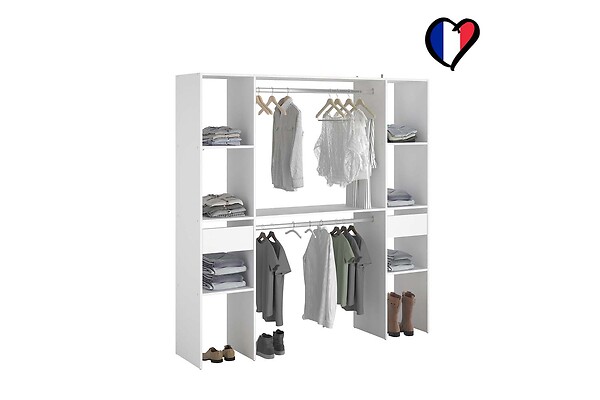 CONCEPT USINE - Dressing blanc 6 étagères, 2 tiroirs, 2 penderies 180 x 40 x 180 cm ELYSEE - large