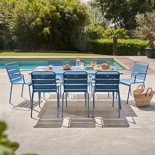 OVIALA - Ensemble table de jardin et 8 fauteuils en métal bleu pacific  - Palavas - large