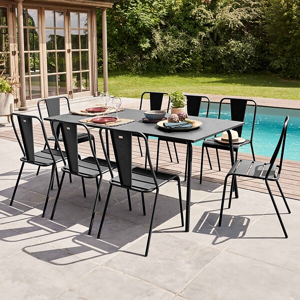 OVIALA - Ensemble table de jardin et 8 chaises bistrot en acier gris - Palavas - large