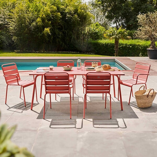 OVIALA - Ensemble table de jardin et 6 fauteuils en métal argile - Palavas - large