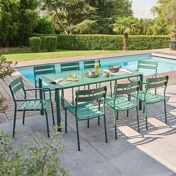 OVIALA - Ensemble table de jardin et 8 fauteuils vert foncé - Almada - large