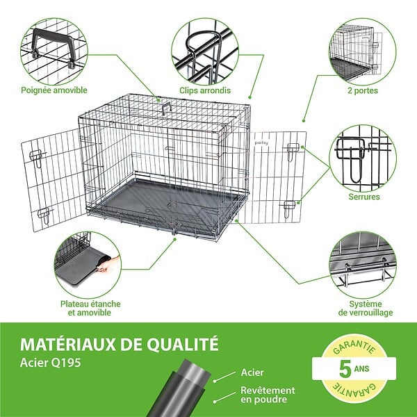 PAITSY - Cage pour chien FortressooL, caisse de transport pour chien moyen 90x60x67cm, pliable, 2 portes, plateau amovible, utilisation interieur, Paitsy - large