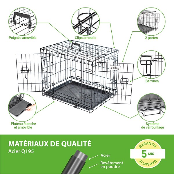 PAITSY - Cage pour chien FortressooS, caisse de transport pour chien et chiot 60x43x49cm, pliable, 2 portes, plateau amovible, utilisation interieur, Paitsy - large