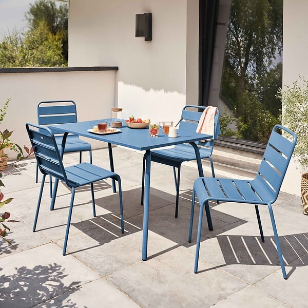 OVIALA - Ensemble table de jardin en métal et 4 chaises bleu pacific - Palavas - large