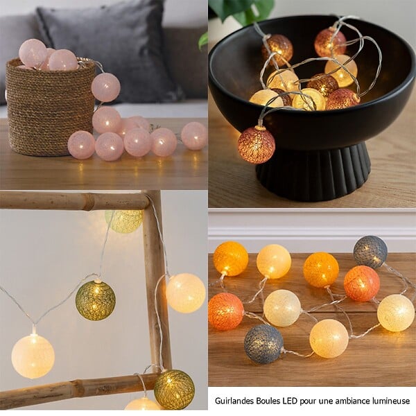 ATMOSPHERA - Guirlande décorative lumineuse 20 LED Boules en Coton D 6 x L 435 cm - Multicolore - large