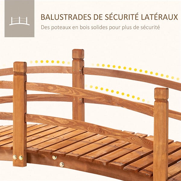 OUTSUNNY - Pont de jardin - pont de bassin - passerelle en bois avec balustrade - dim. 185L x 72l x 58H cm - bois de sapin pré-huilé - large
