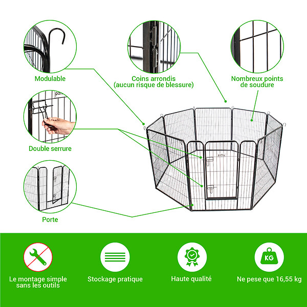 PAITSY - Parc Enclos pour chien chiot et lapin GARDEO80x100x8, 8 panneaux 80X100cm, 2,56M2, modulable, intérieur et extérieur, pliable, garantie 5 ans, Paitsy - large