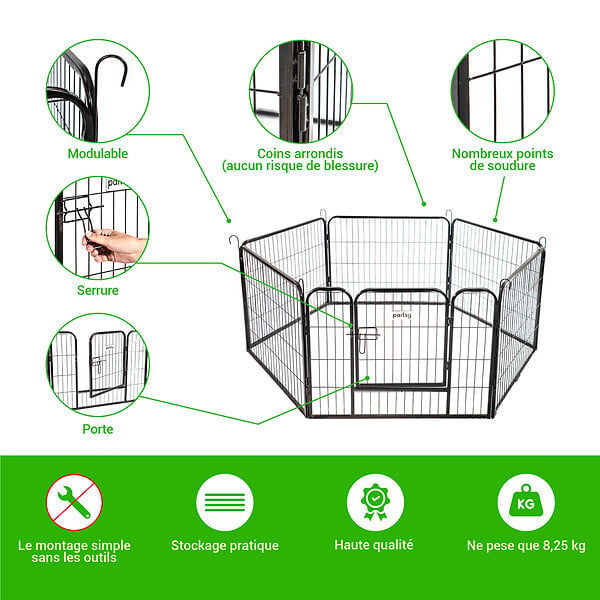 PAITSY - Parc Enclos pour chien chiot et lapin GARDEO80x60x6, 6 panneaux 80X60cm, 1,28M2, modulable, intérieur et extérieur, pliable, garantie 5 ans, Paitsy - large