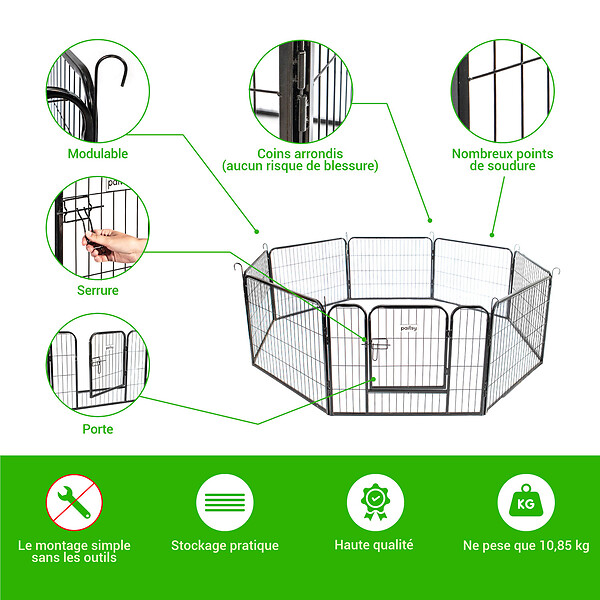 PAITSY - Parc Enclos pour chien chiot et lapin GARDEO80x60x8, 8 panneaux 80X60cm, 2,56M2, modulable, intérieur et extérieur, pliable, garantie 5 ans, Paitsy - large