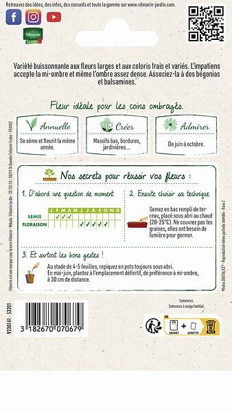 VILMORIN - Graines d'Impatiens Hybride Variée - Multicolore - 0.2g - large