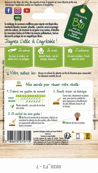 VILMORIN - Mélange de graines mellifères BIO - Engrais vert - 1m - large